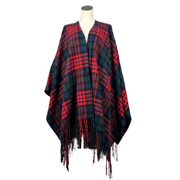 Pendleton Vintage Wool Red Blue Tartan Plaid Tassel Shawl OS - Picture 1 of 5